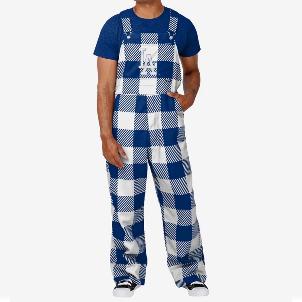 MLB Los Angeles‎ Dodger FOCO Blue White Plaid Overalls Size Large